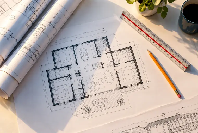Prancha de projeto arquitetônico aberta sobre a mesa com escalímetro e lápis
