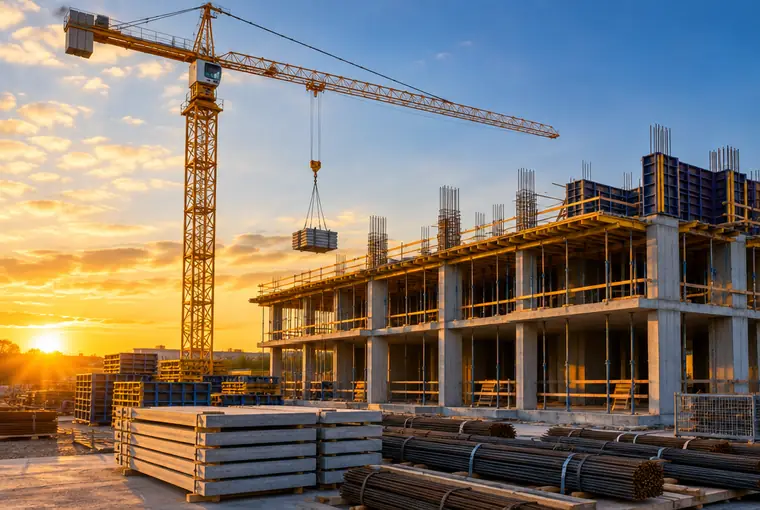 Canteiro de obras organizado ao entardecer, com grua e estrutura em execução
