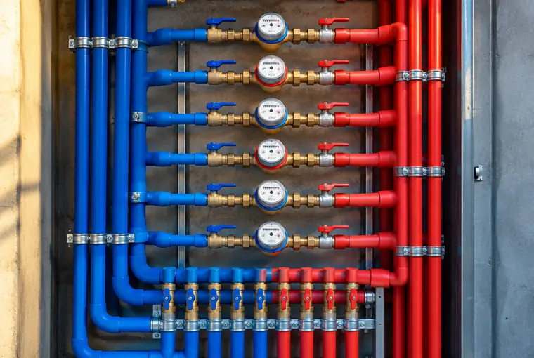 Barrilete com tubulações de água fria e quente e hidrômetros instalados