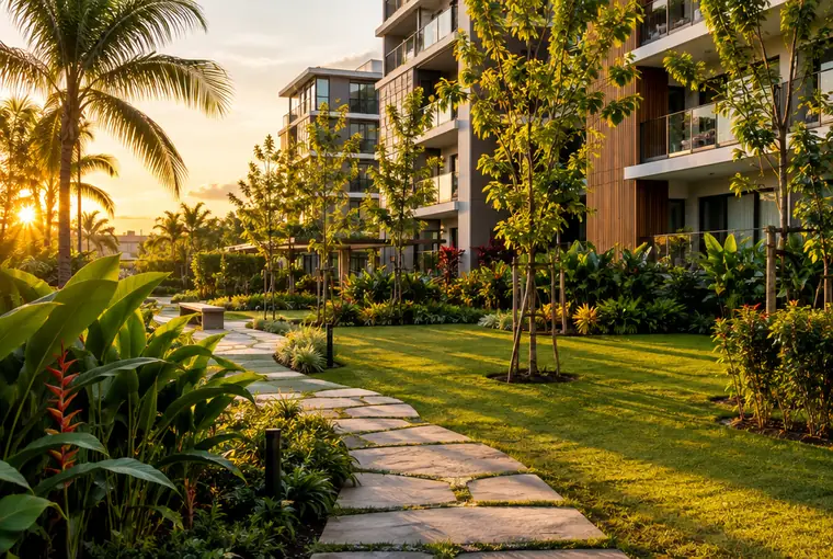 Jardim paisagístico de um condomínio com caminho de pedras e vegetação tropical