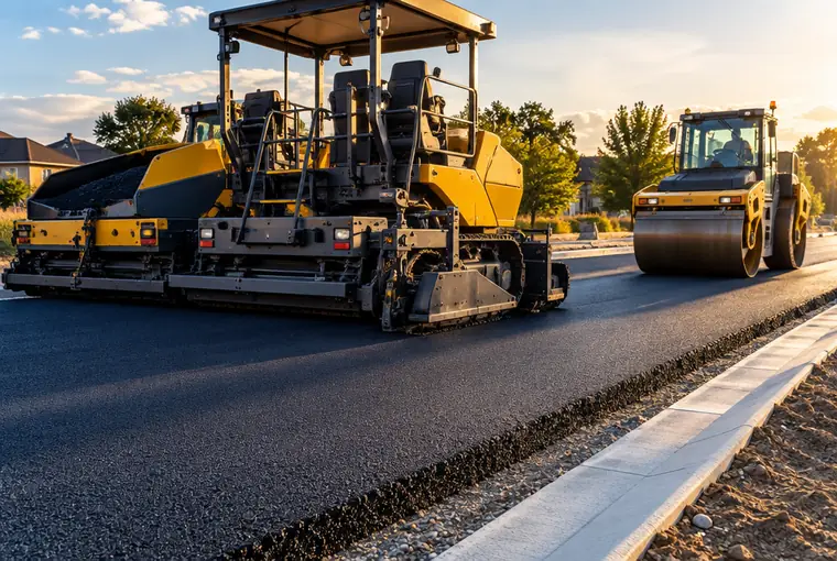 Pavimentadora e rolo compactador aplicando asfalto novo em uma via