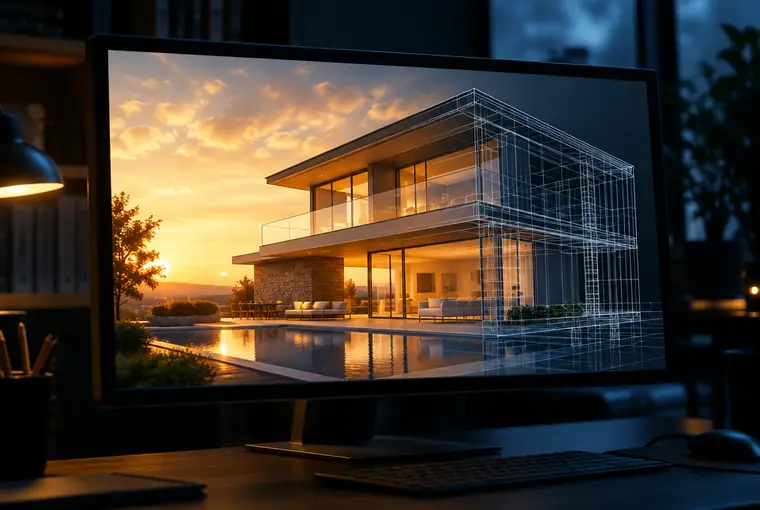 Render 3D de uma residência exibido na tela, com arestas em wireframe num canto